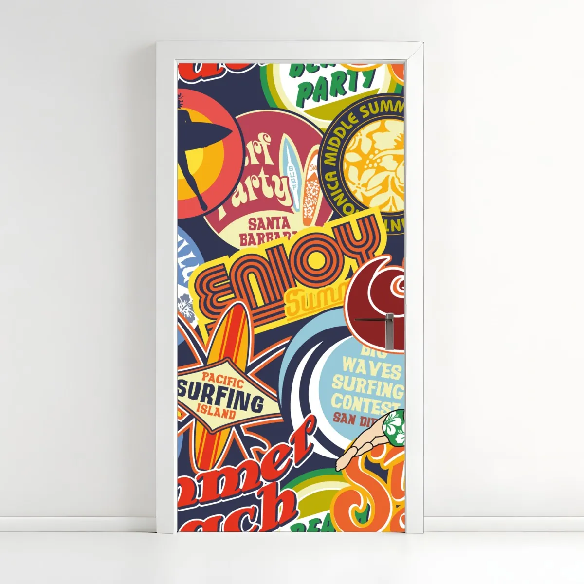 Naklejka na drzwi retro kolaż naklejek surf – Wallissimo® Naklejka na drzwi retro kolaż naklejek surf – Wallissimo®
