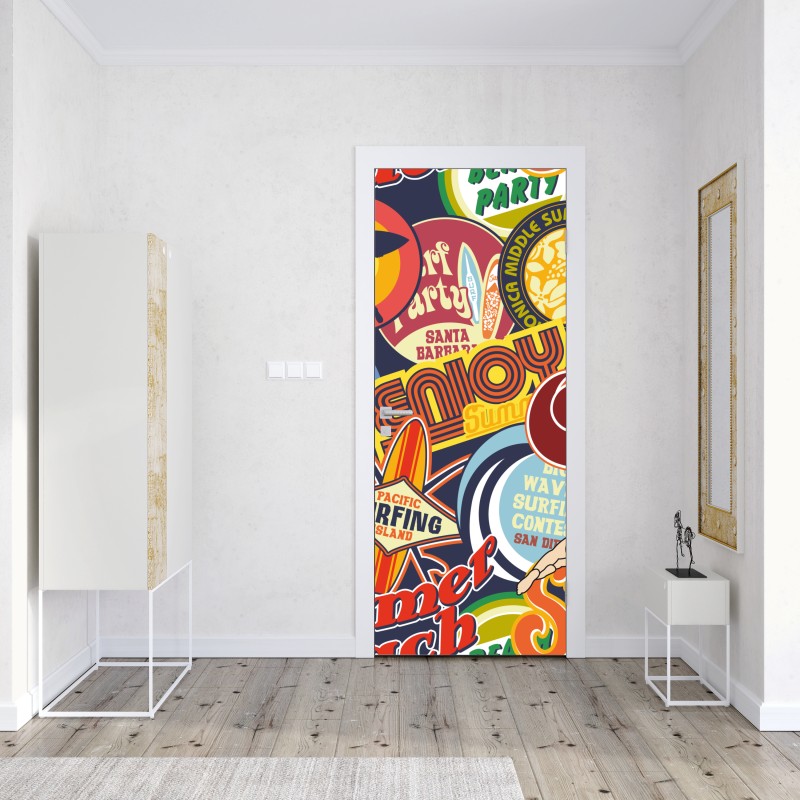 Naklejka na drzwi retro kolaż naklejek surf – Wallissimo® Naklejka na drzwi retro kolaż naklejek surf – Wallissimo®