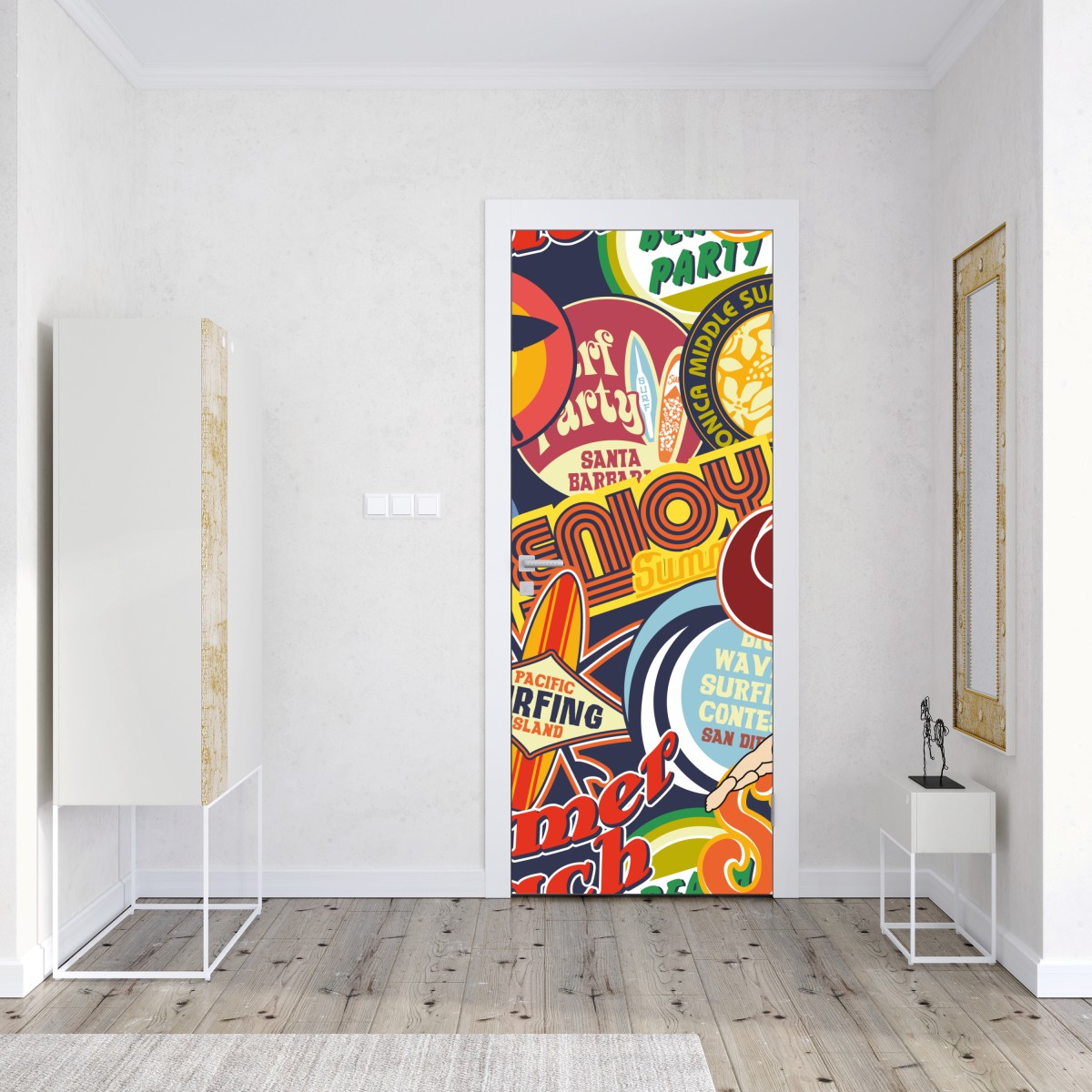 Naklejka na drzwi retro kolaż naklejek surf – Wallissimo® Naklejka na drzwi retro kolaż naklejek surf – Wallissimo®