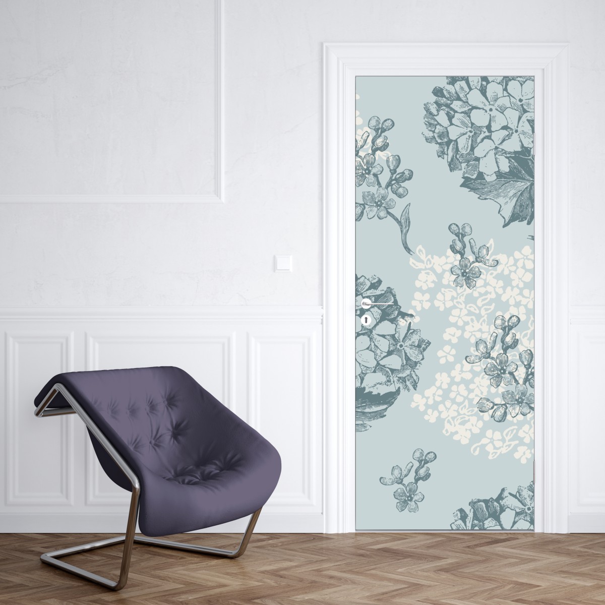 Naklejka na drzwi delikatny pastelowy wzór hortensji – Wallissimo® Naklejka na drzwi delikatny pastelowy wzór hortensji – Wallissimo®