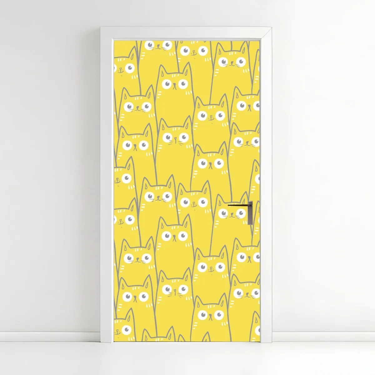Naklejka na drzwi wesoły żółty wzór z kotami – Wallissimo® Naklejka na drzwi wesoły żółty wzór z kotami – Wallissimo®