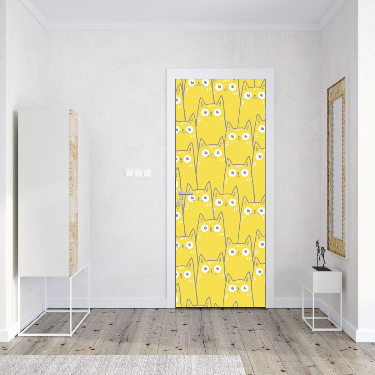 Naklejka na drzwi wesoły żółty wzór z kotami – Wallissimo® Naklejka na drzwi wesoły żółty wzór z kotami – Wallissimo®