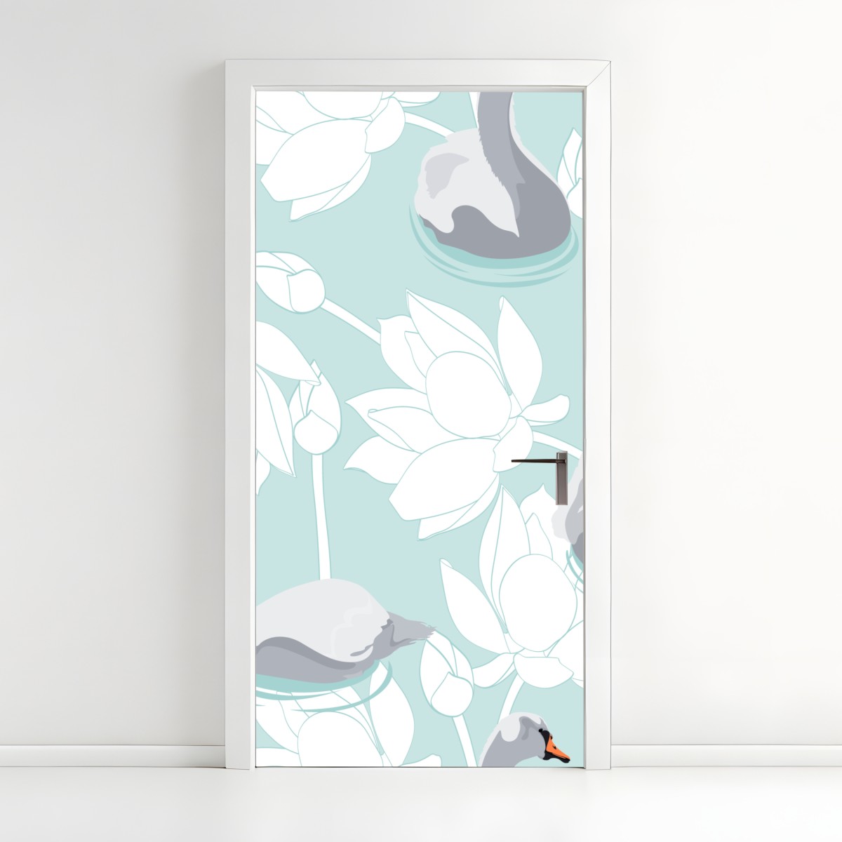 Door sticker serene swans and lotus pattern