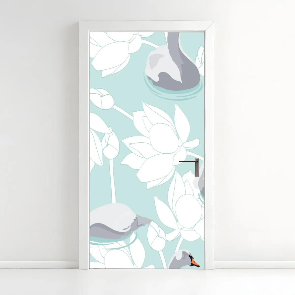 Naklejka na drzwi spokojne łabędzie i lotosy – Wallissimo® Naklejka na drzwi spokojne łabędzie i lotosy – Wallissimo®