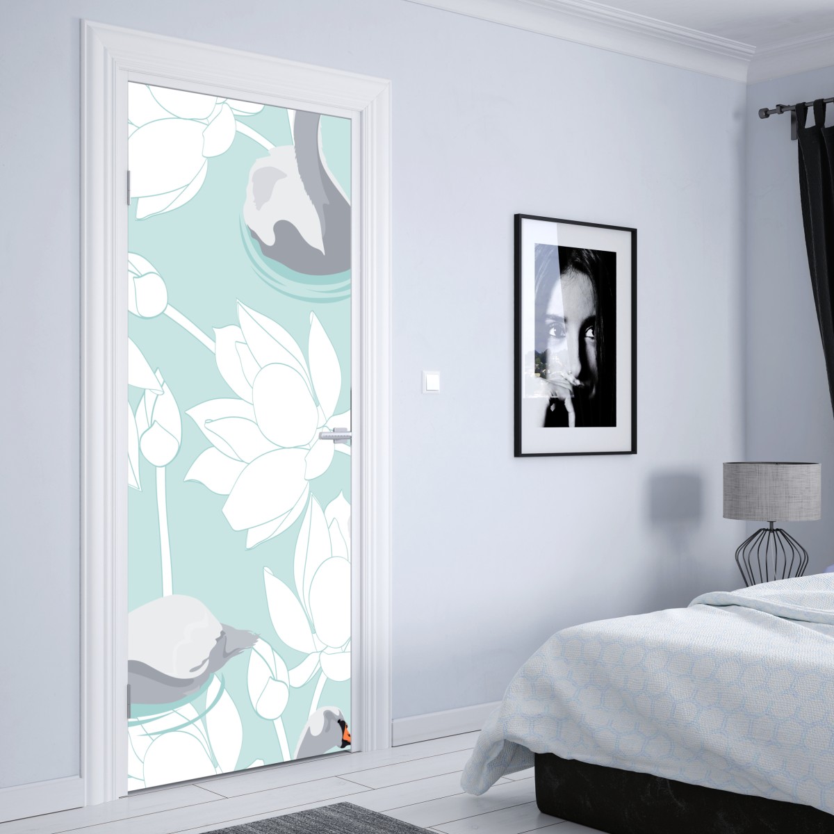 Naklejka na drzwi spokojne łabędzie i lotosy – Wallissimo® Naklejka na drzwi spokojne łabędzie i lotosy – Wallissimo®