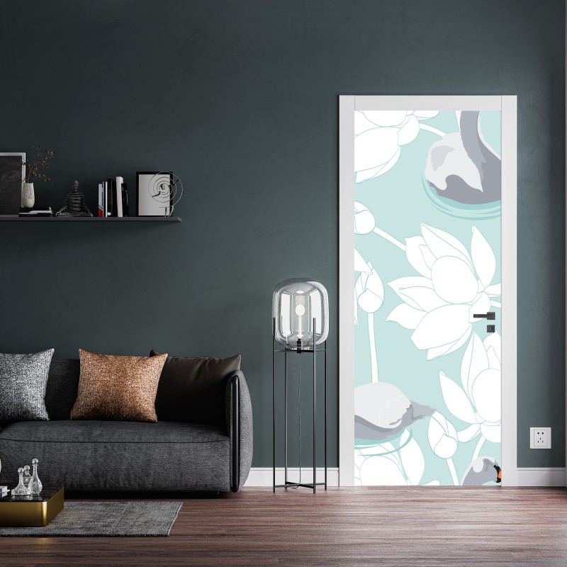 Naklejka na drzwi spokojne łabędzie i lotosy – Wallissimo® Naklejka na drzwi spokojne łabędzie i lotosy – Wallissimo®