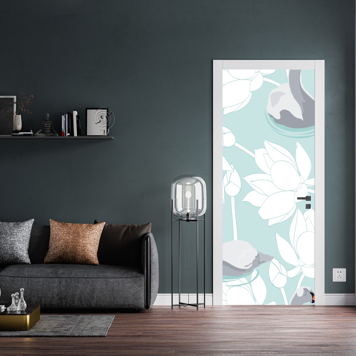 Naklejka na drzwi spokojne łabędzie i lotosy – Wallissimo® Naklejka na drzwi spokojne łabędzie i lotosy – Wallissimo®