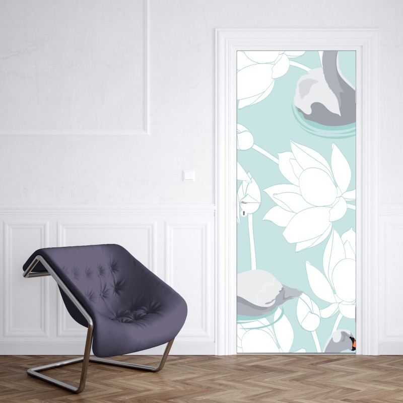 Naklejka na drzwi spokojne łabędzie i lotosy – Wallissimo® Naklejka na drzwi spokojne łabędzie i lotosy – Wallissimo®
