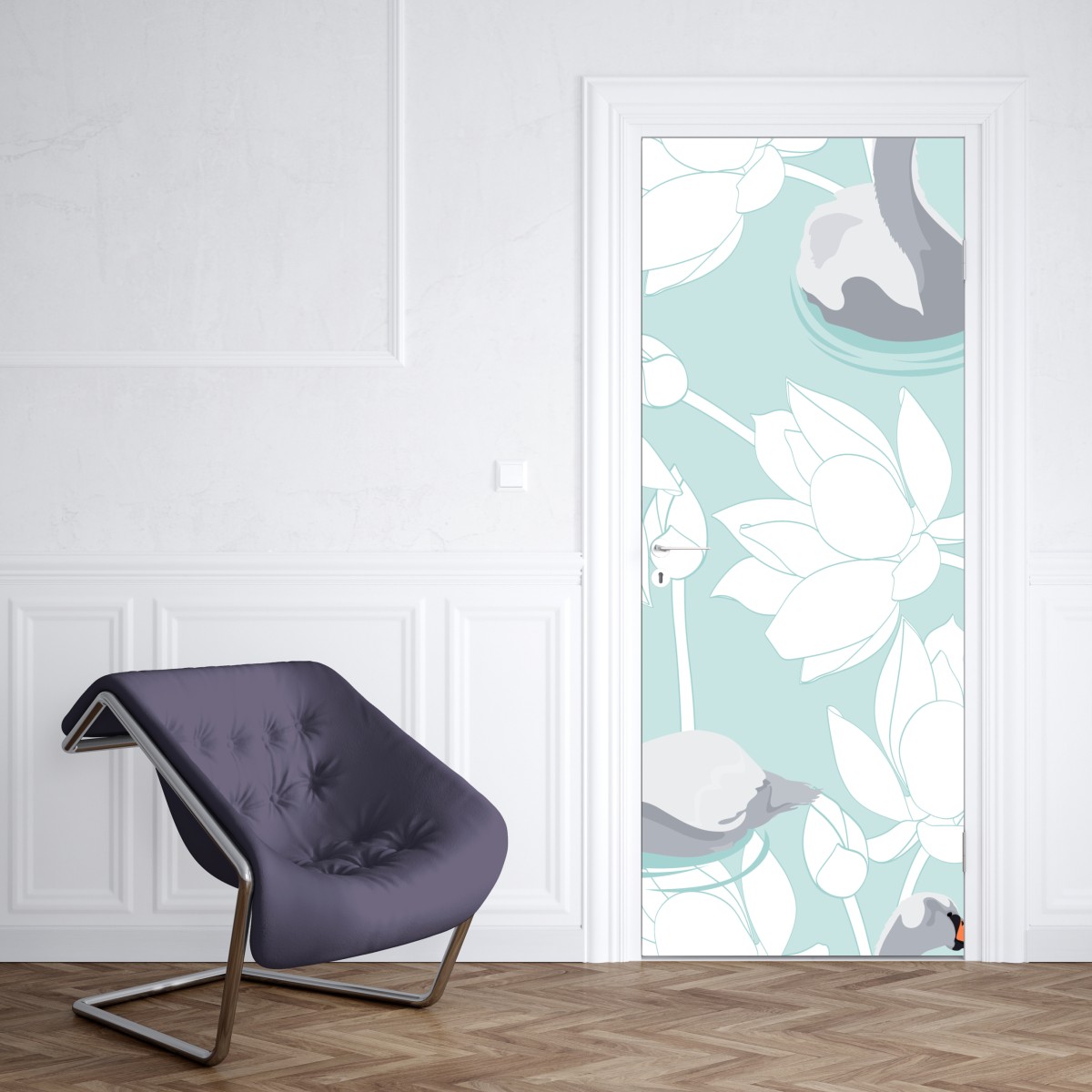 Naklejka na drzwi spokojne łabędzie i lotosy – Wallissimo® Naklejka na drzwi spokojne łabędzie i lotosy – Wallissimo®