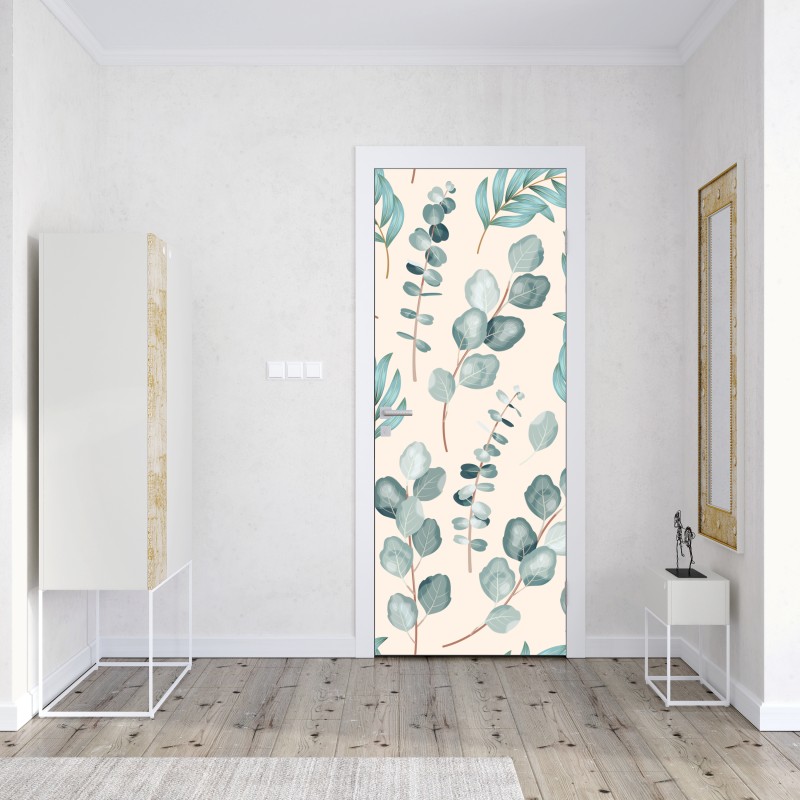 Naklejka na drzwi pastelowy wzór liści eukaliptusa – Wallissimo® Naklejka na drzwi pastelowy wzór liści eukaliptusa – Wallissimo®
