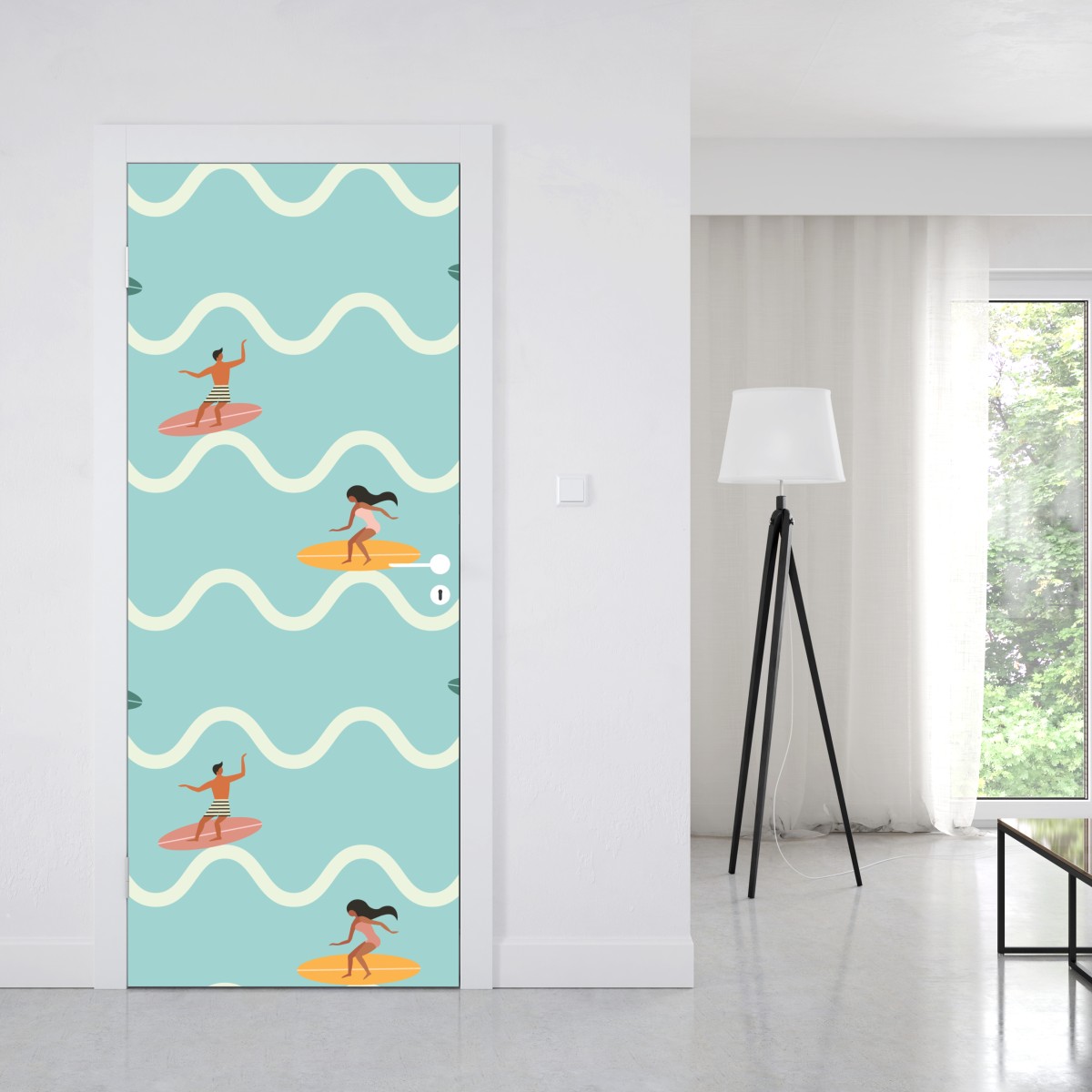 Naklejka na drzwi wzór z surferami na turkusowych falach – Wallissimo® Naklejka na drzwi wzór z surferami na turkusowych falach – Wallissimo®