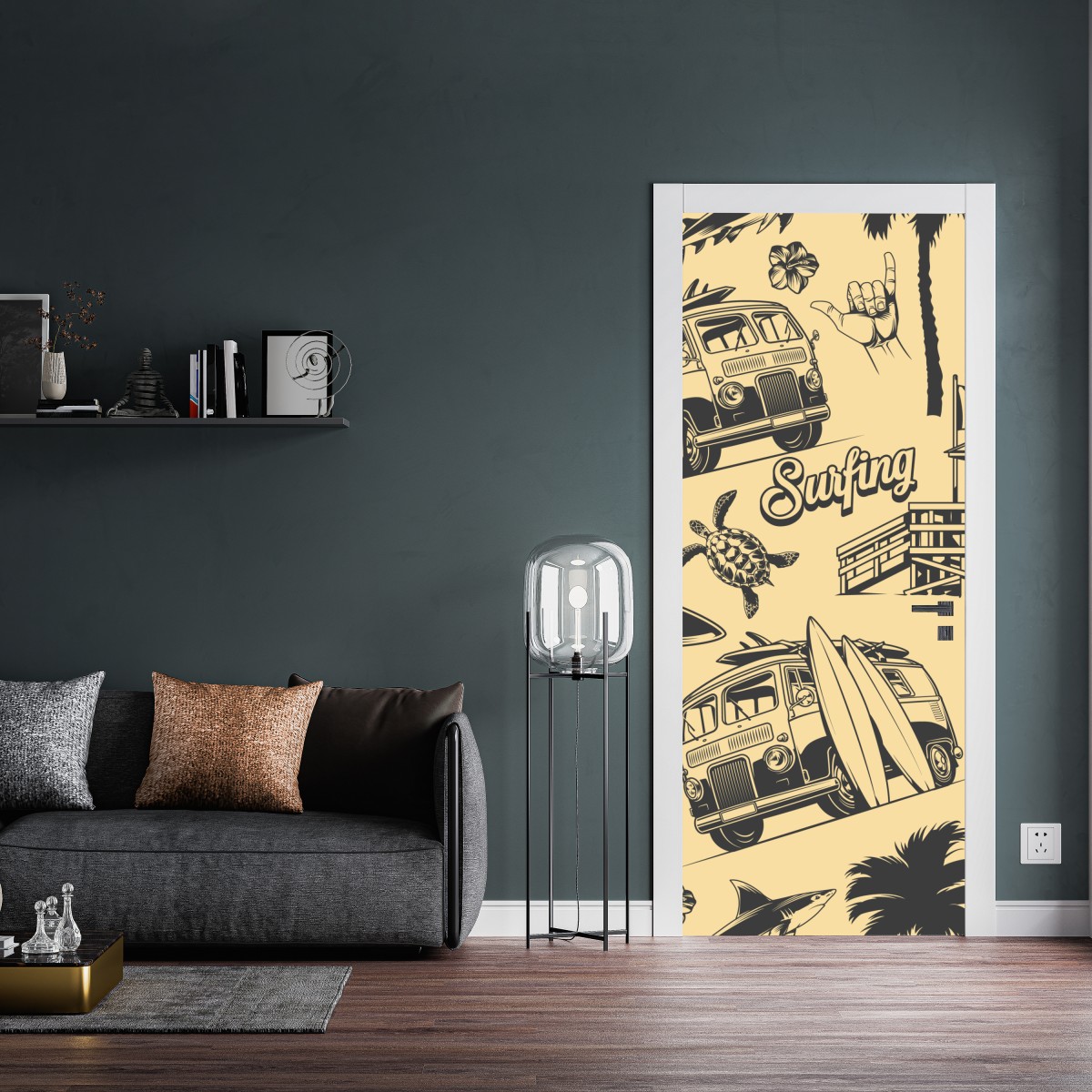 Naklejka na drzwi retro wzór surfingowy z furgonetką i falami – Wallissimo® Naklejka na drzwi retro wzór surfingowy z furgonetką i falami – Wallissimo®