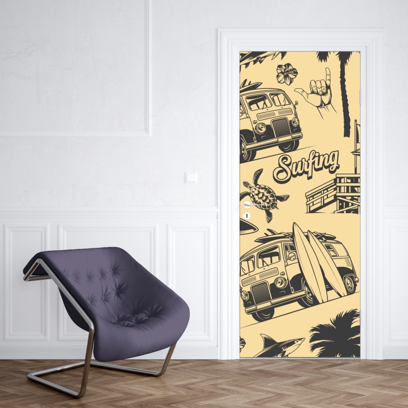 Naklejka na drzwi retro wzór surfingowy z furgonetką i falami – Wallissimo® Naklejka na drzwi retro wzór surfingowy z furgonetką i falami – Wallissimo®