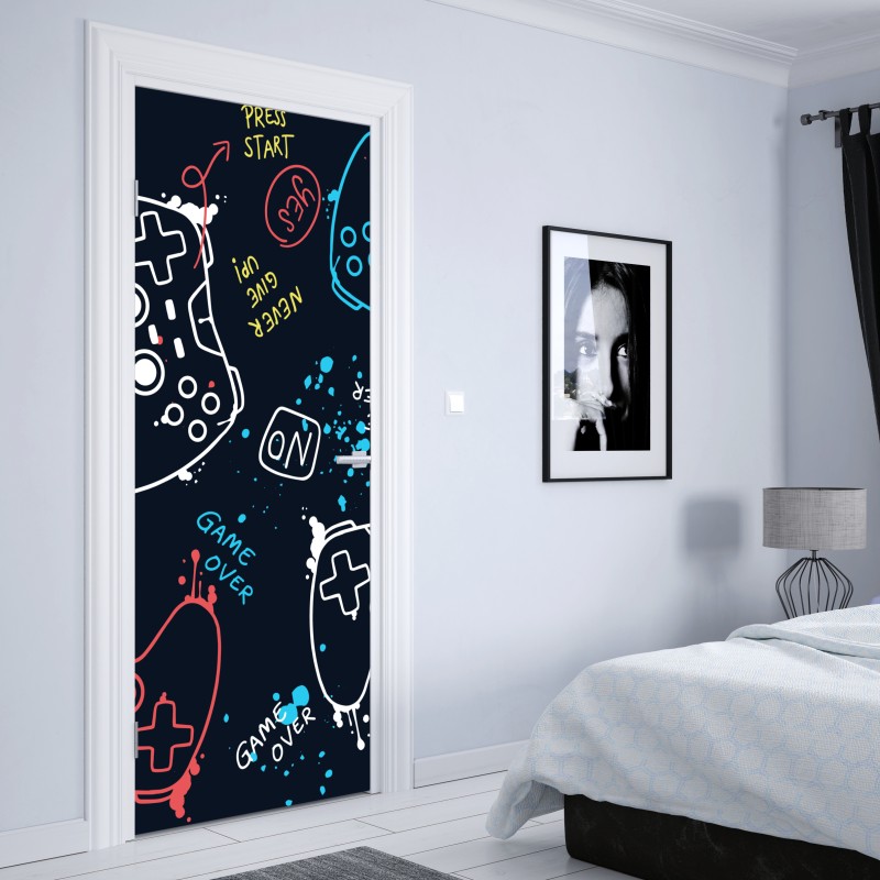 Naklejka na drzwi kolorowy wzór kontrolerów do gier – Wallissimo® Naklejka na drzwi kolorowy wzór kontrolerów do gier – Wallissimo®