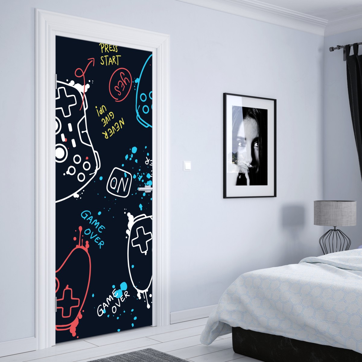 Naklejka na drzwi kolorowy wzór kontrolerów do gier – Wallissimo® Naklejka na drzwi kolorowy wzór kontrolerów do gier – Wallissimo®