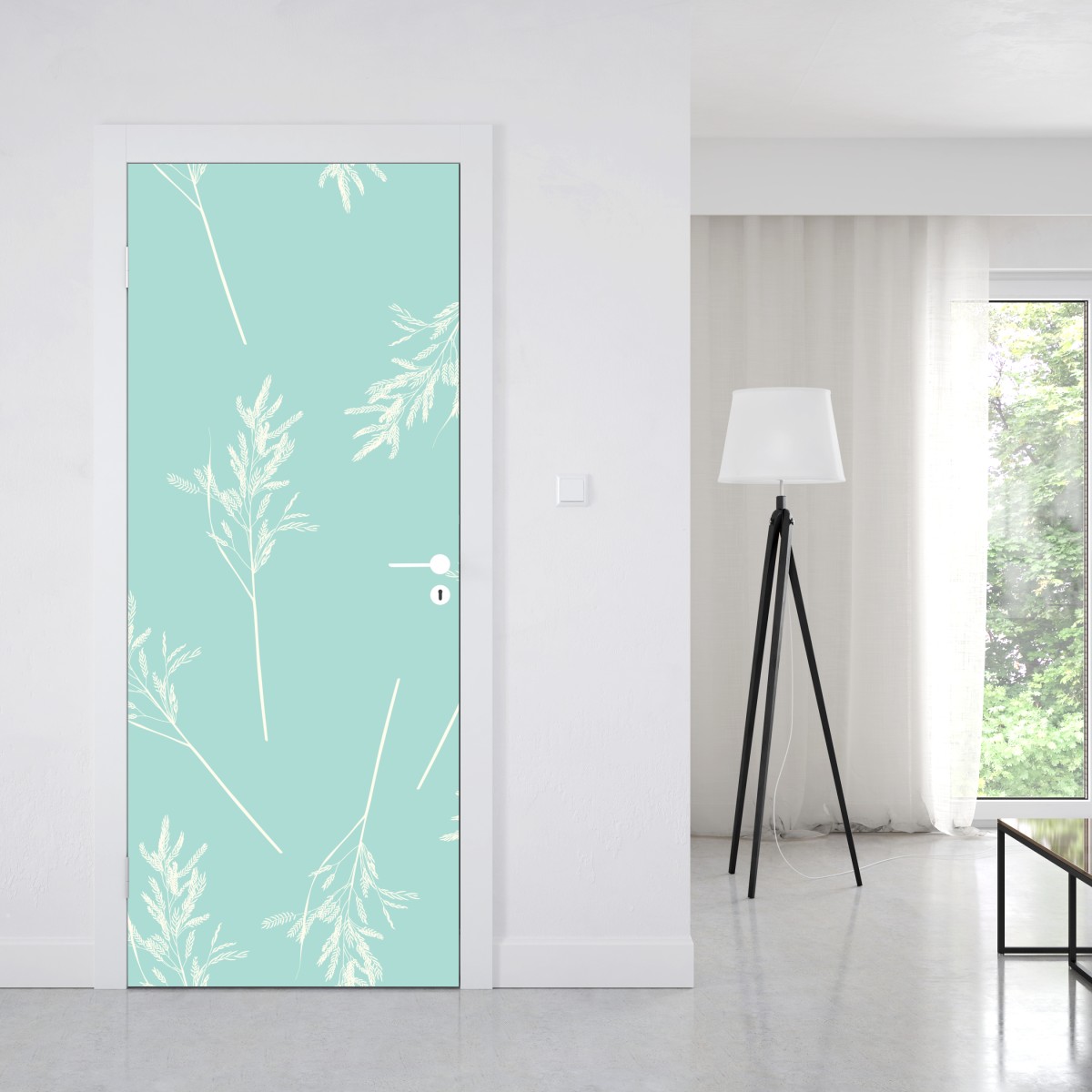 Naklejka na drzwi delikatny turkusowy wzór botaniczny – Wallissimo® Naklejka na drzwi delikatny turkusowy wzór botaniczny – Wallissimo®