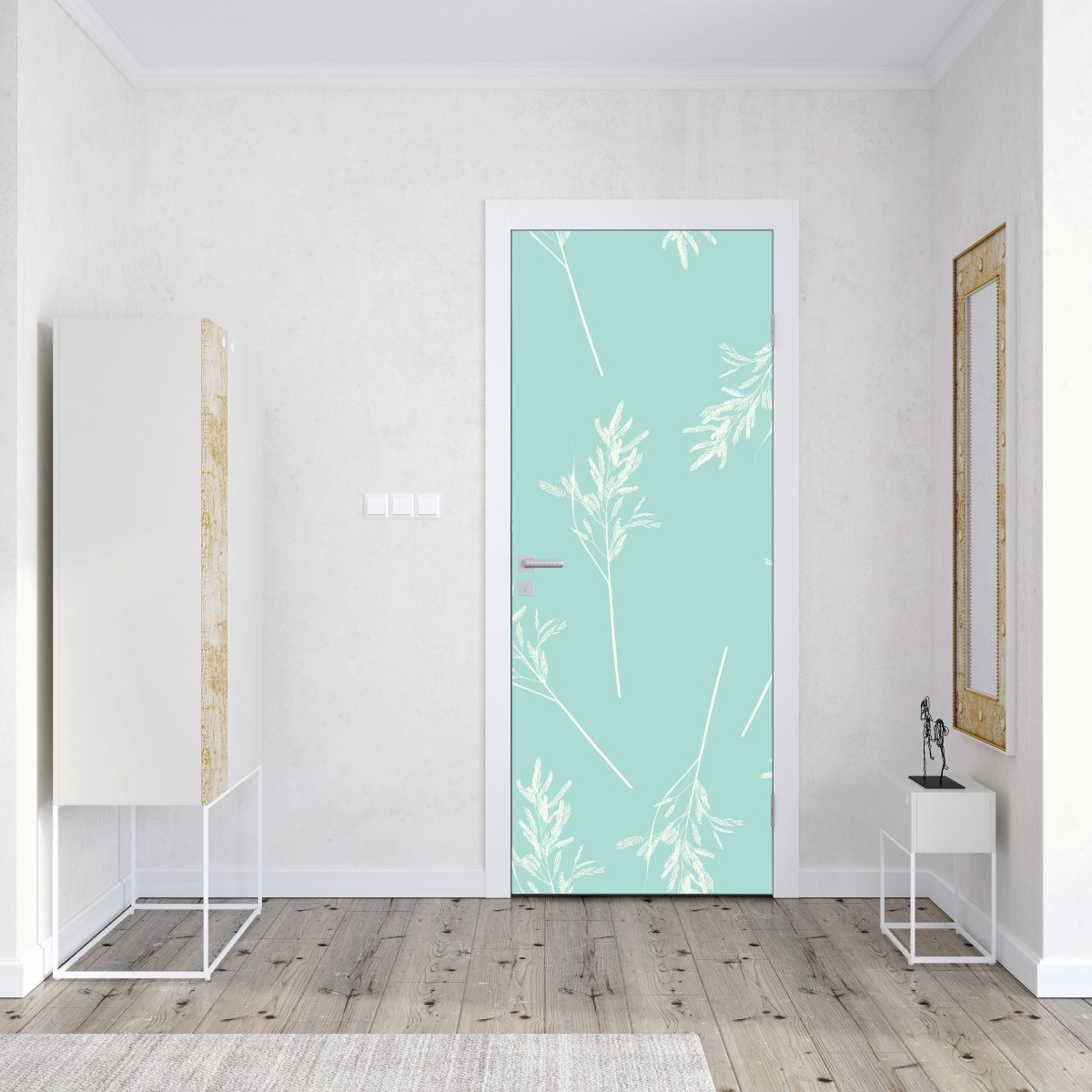 Naklejka na drzwi delikatny turkusowy wzór botaniczny – Wallissimo® Naklejka na drzwi delikatny turkusowy wzór botaniczny – Wallissimo®
