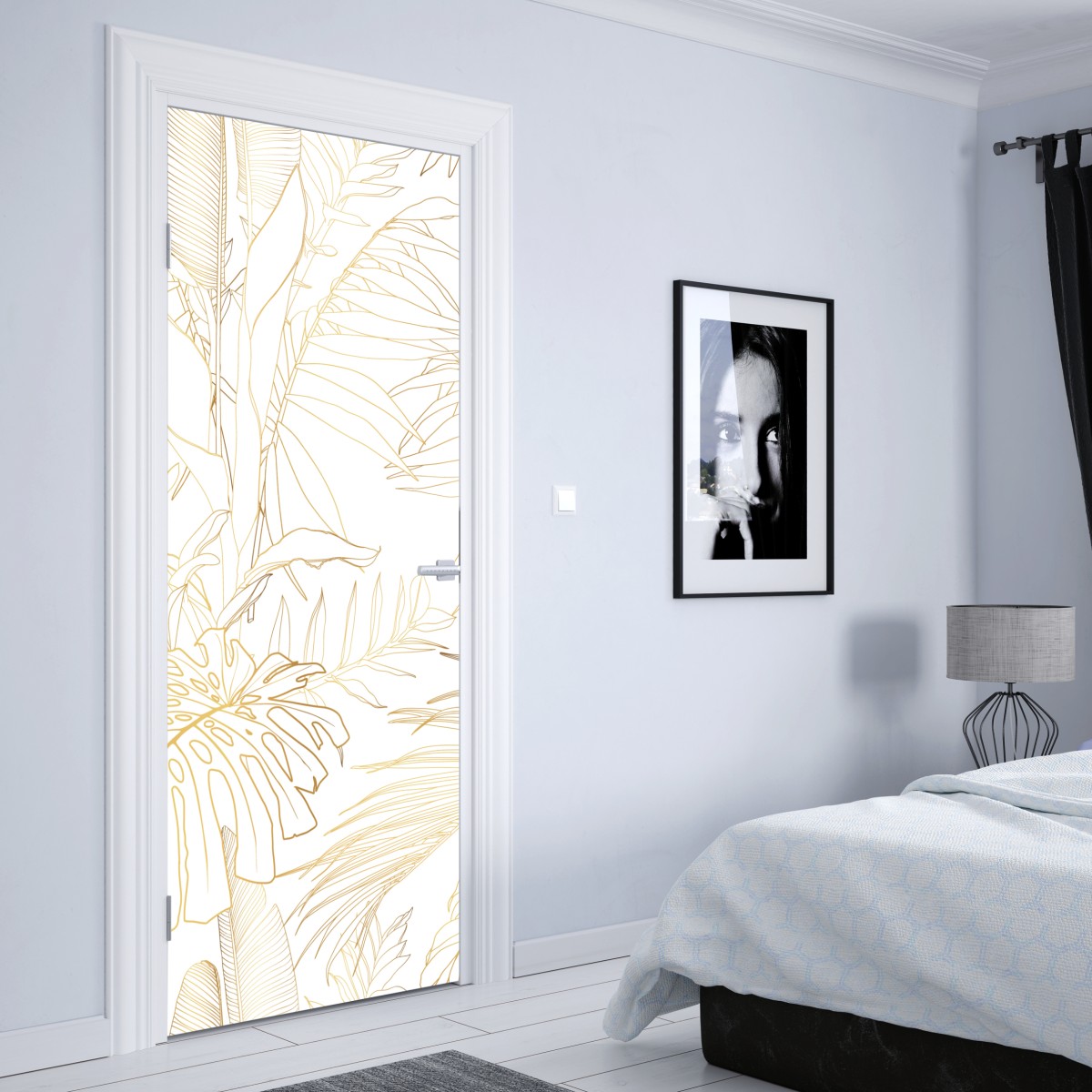 Naklejka na drzwi złote tropikalne liście line art – Wallissimo® Naklejka na drzwi złote tropikalne liście line art – Wallissimo®