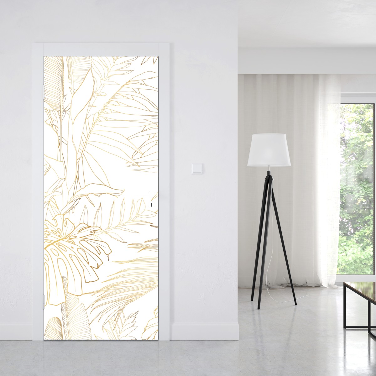 Naklejka na drzwi złote tropikalne liście line art – Wallissimo® Naklejka na drzwi złote tropikalne liście line art – Wallissimo®