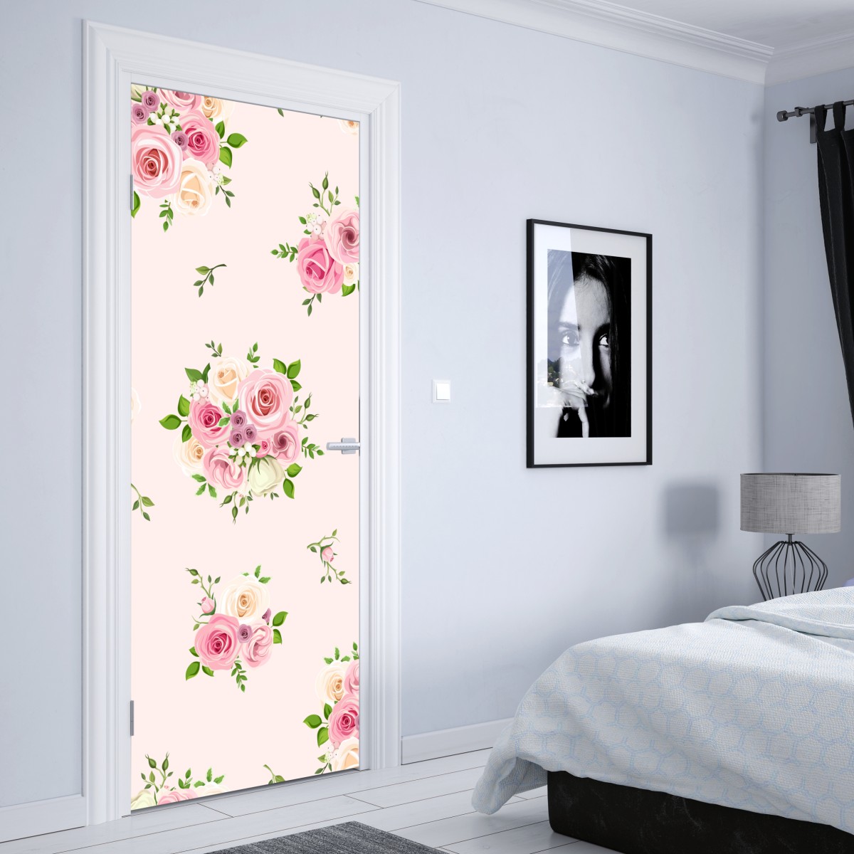 Naklejka na drzwi delikatny różany wzór w pastelowych odcieniach – Wallissimo® Naklejka na drzwi delikatny różany wzór w pastelowych odcieniach – Wallissimo®