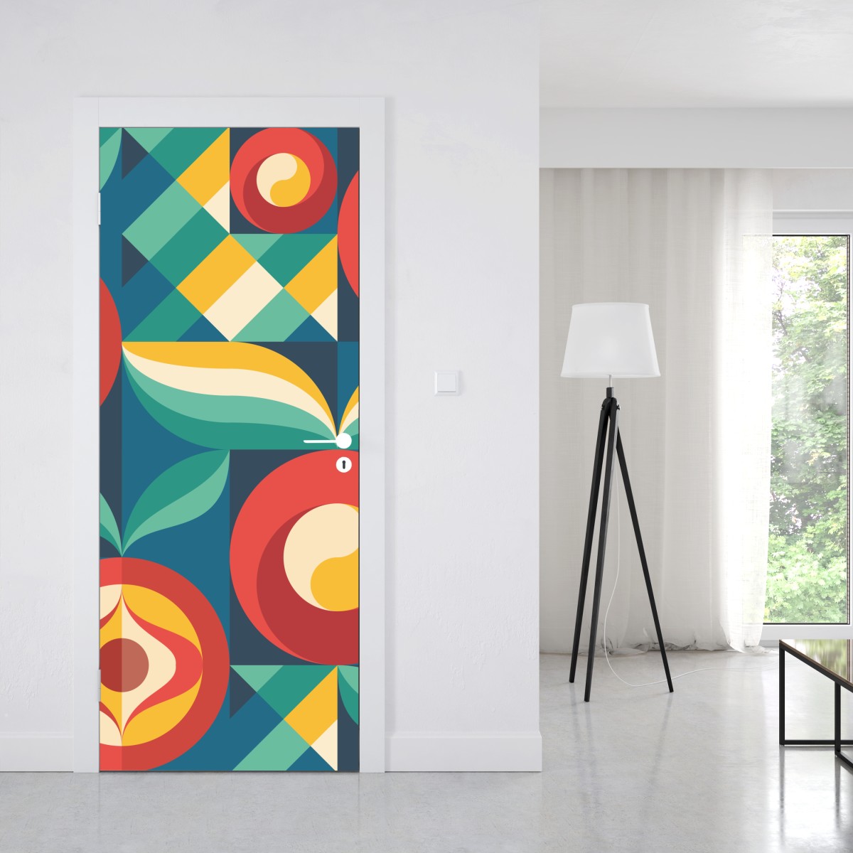 Naklejka na drzwi żywy geometryczny motyw kwiatowy – Wallissimo® Naklejka na drzwi żywy geometryczny motyw kwiatowy – Wallissimo®