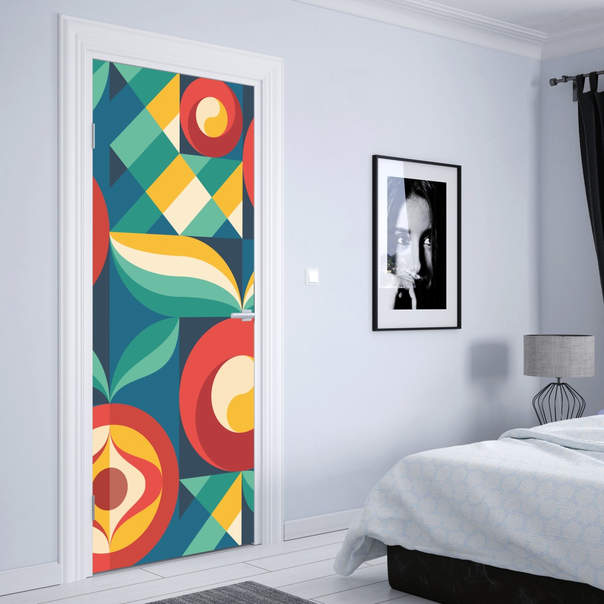 Naklejka na drzwi żywy geometryczny motyw kwiatowy – Wallissimo® Naklejka na drzwi żywy geometryczny motyw kwiatowy – Wallissimo®