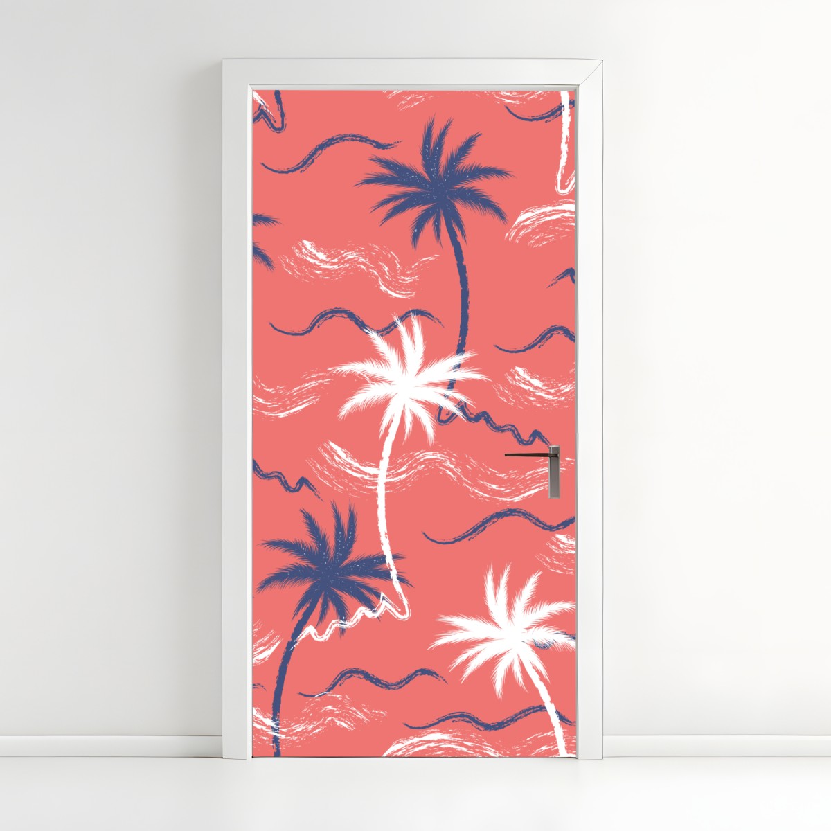Door sticker tropical palm pattern in coral and navy