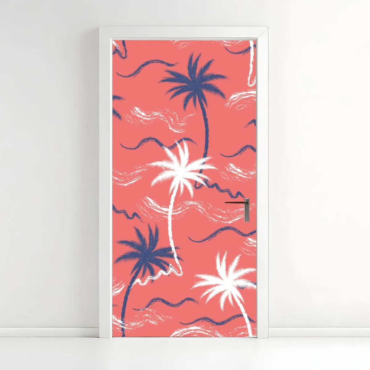 Naklejka na drzwi tropikalny wzór palm w kolorze koralowym i granatowym – Wallissimo® Naklejka na drzwi tropikalny wzór palm w kolorze koralowym i granatowym – Wallissimo®