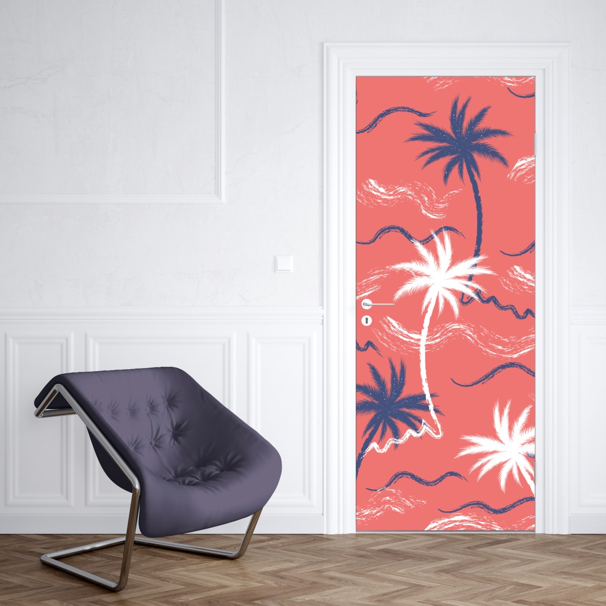 Naklejka na drzwi tropikalny wzór palm w kolorze koralowym i granatowym – Wallissimo® Naklejka na drzwi tropikalny wzór palm w kolorze koralowym i granatowym – Wallissimo®