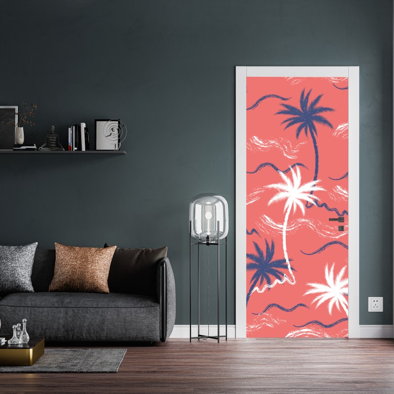 Naklejka na drzwi tropikalny wzór palm w kolorze koralowym i granatowym – Wallissimo® Naklejka na drzwi tropikalny wzór palm w kolorze koralowym i granatowym – Wallissimo®