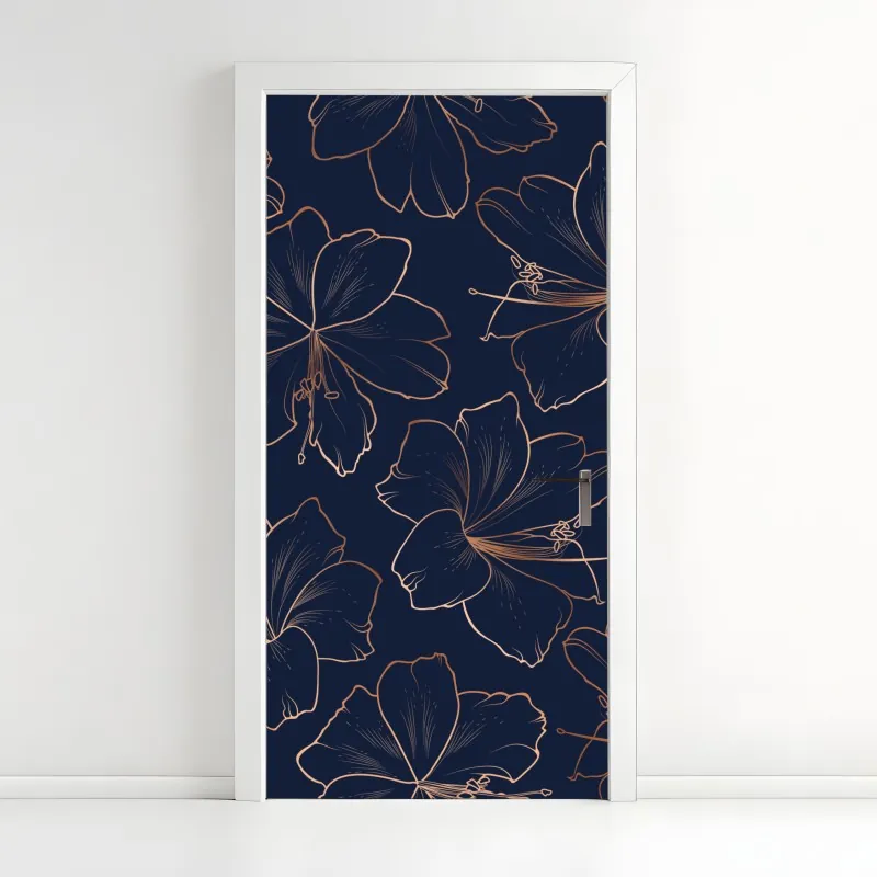 Naklejka na drzwi granatowy motyw z złotymi konturami kwiatów