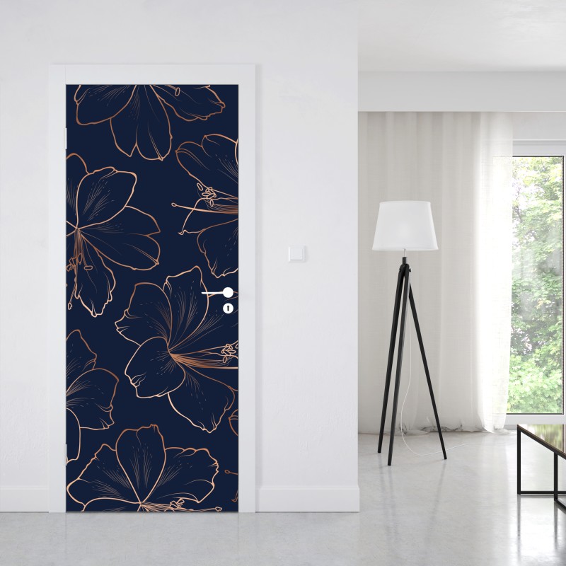 Naklejka na drzwi granatowy motyw z złotymi konturami kwiatów – Wallissimo® Naklejka na drzwi granatowy motyw z złotymi konturami kwiatów – Wallissimo®