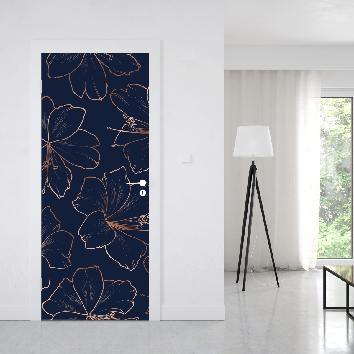 Naklejka na drzwi granatowy motyw z złotymi konturami kwiatów – Wallissimo® Naklejka na drzwi granatowy motyw z złotymi konturami kwiatów – Wallissimo®