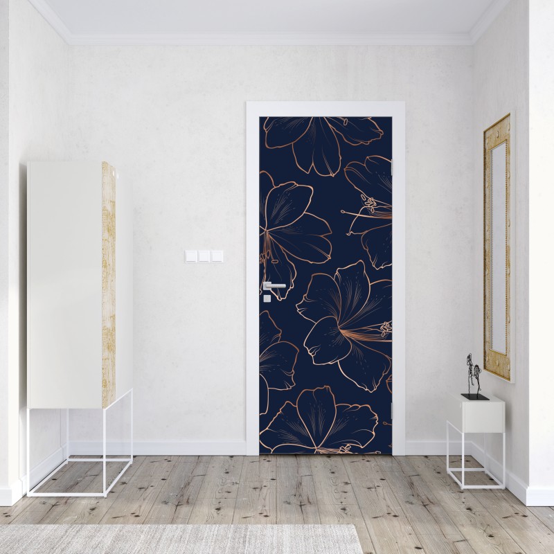 Naklejka na drzwi granatowy motyw z złotymi konturami kwiatów – Wallissimo® Naklejka na drzwi granatowy motyw z złotymi konturami kwiatów – Wallissimo®