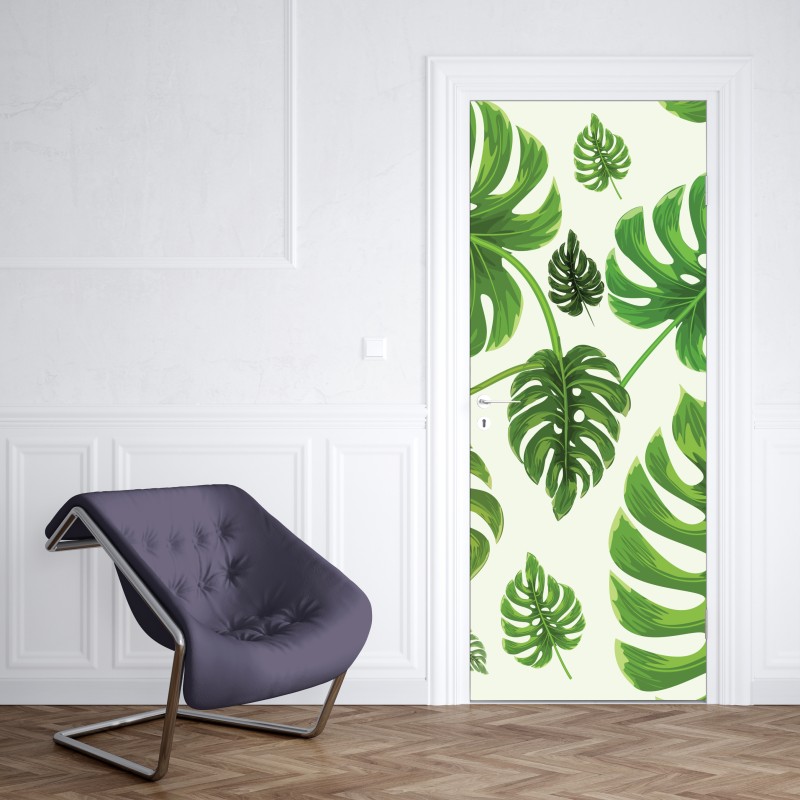 Naklejka na drzwi wzór tropikalnych liści monstery – Wallissimo® Naklejka na drzwi wzór tropikalnych liści monstery – Wallissimo®
