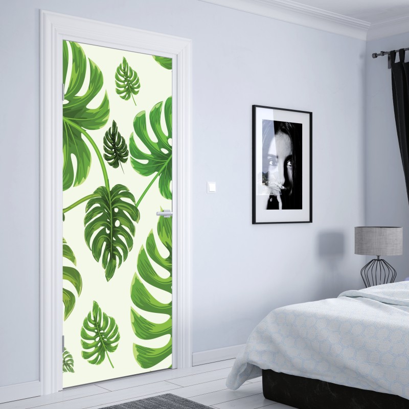 Naklejka na drzwi wzór tropikalnych liści monstery – Wallissimo® Naklejka na drzwi wzór tropikalnych liści monstery – Wallissimo®