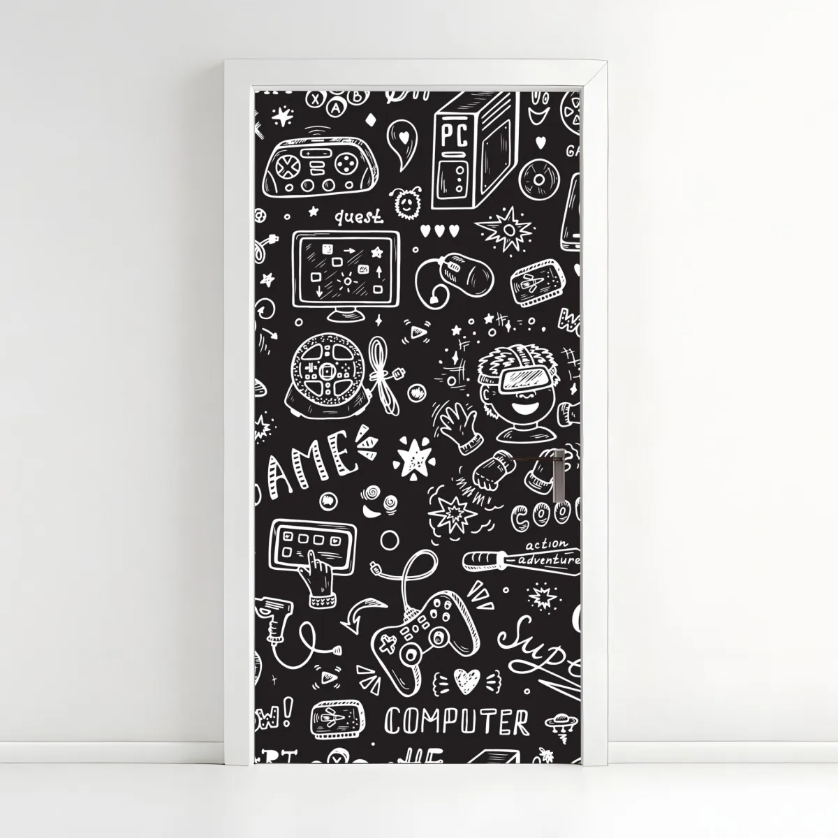 Naklejka na drzwi ręcznie rysowany wzór gier – Wallissimo® Naklejka na drzwi ręcznie rysowany wzór gier – Wallissimo®