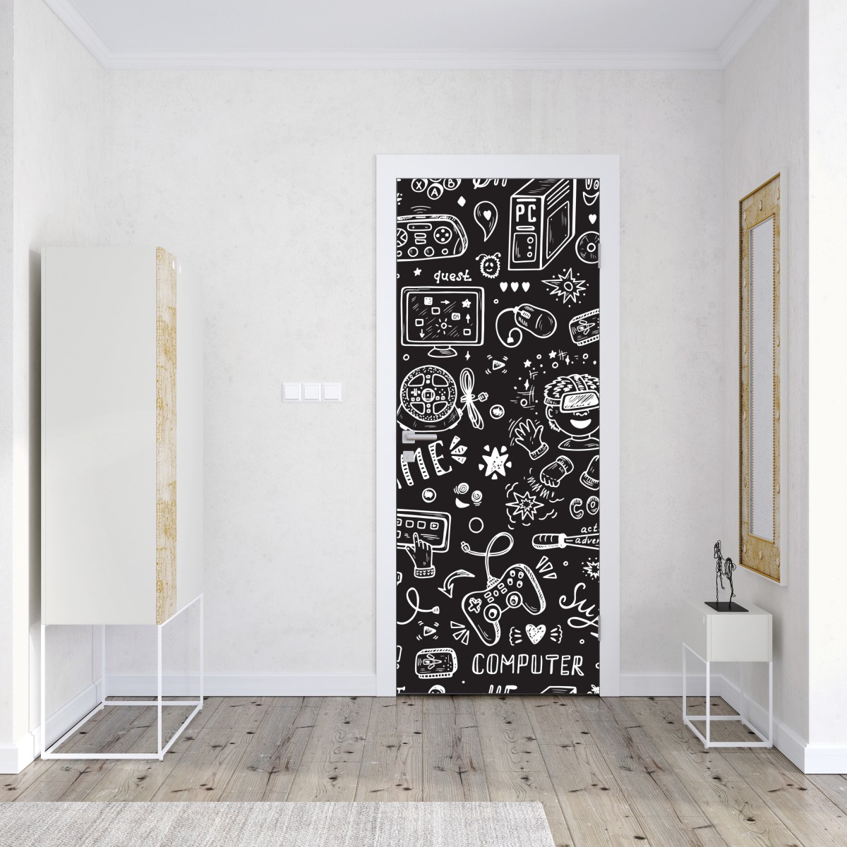 Naklejka na drzwi ręcznie rysowany wzór gier – Wallissimo® Naklejka na drzwi ręcznie rysowany wzór gier – Wallissimo®