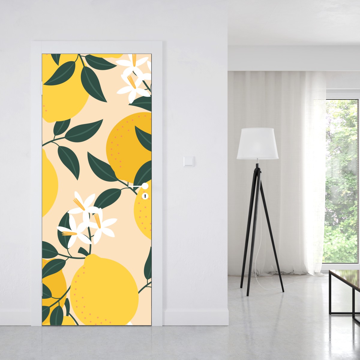 Naklejka na drzwi jasny wzór z cytrynami i kwiatami – Wallissimo® Naklejka na drzwi jasny wzór z cytrynami i kwiatami – Wallissimo®