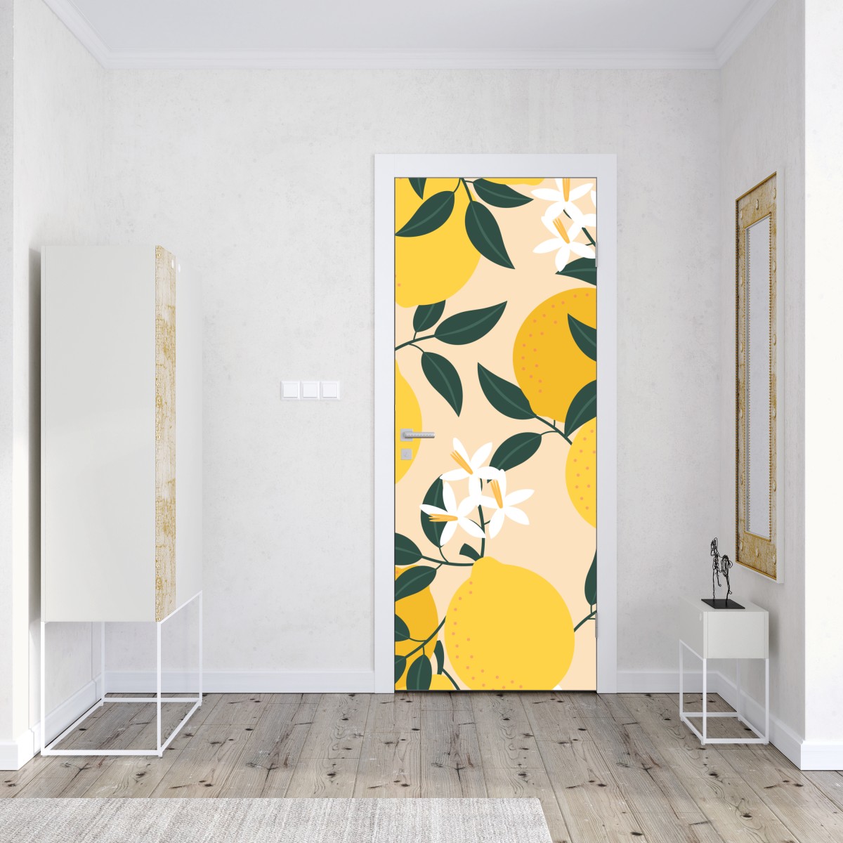 Naklejka na drzwi jasny wzór z cytrynami i kwiatami – Wallissimo® Naklejka na drzwi jasny wzór z cytrynami i kwiatami – Wallissimo®