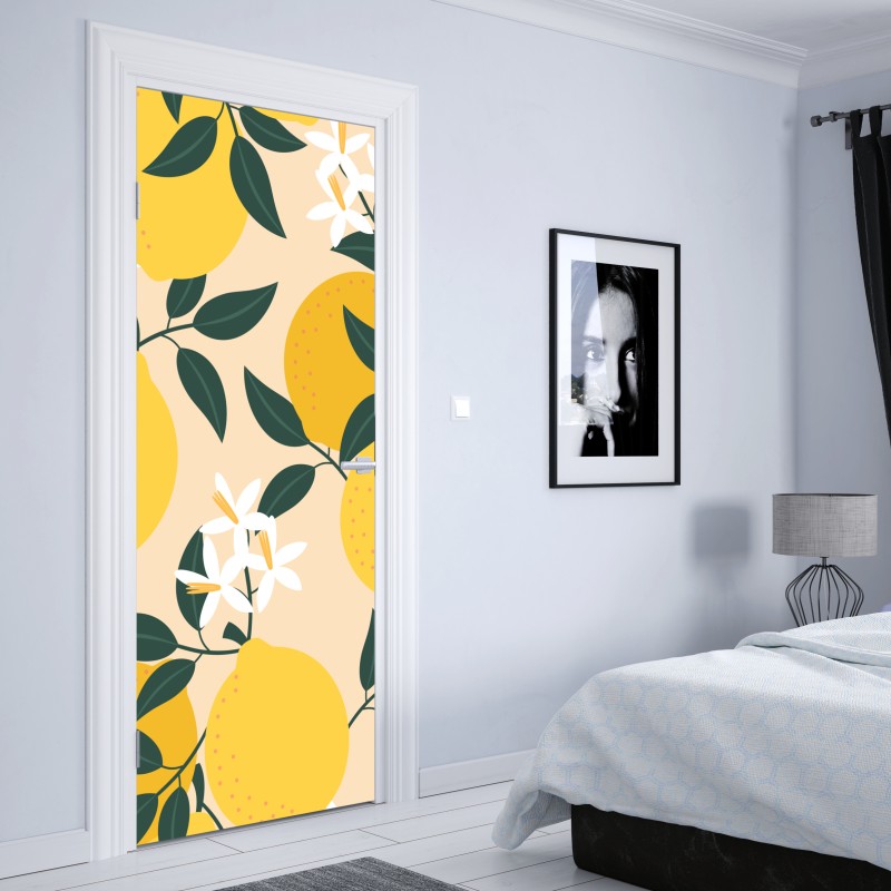 Naklejka na drzwi jasny wzór z cytrynami i kwiatami – Wallissimo® Naklejka na drzwi jasny wzór z cytrynami i kwiatami – Wallissimo®