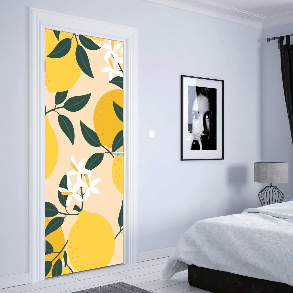 Naklejka na drzwi jasny wzór z cytrynami i kwiatami – Wallissimo® Naklejka na drzwi jasny wzór z cytrynami i kwiatami – Wallissimo®