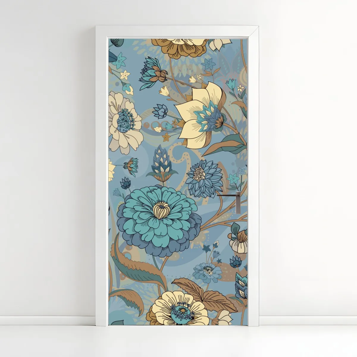 Naklejka na drzwi wzór kwiatowy w stonowanych niebiesko-beżowych odcieniach – Wallissimo® Naklejka na drzwi wzór kwiatowy w stonowanych niebiesko-beżowych odcieniach – Wallissimo®