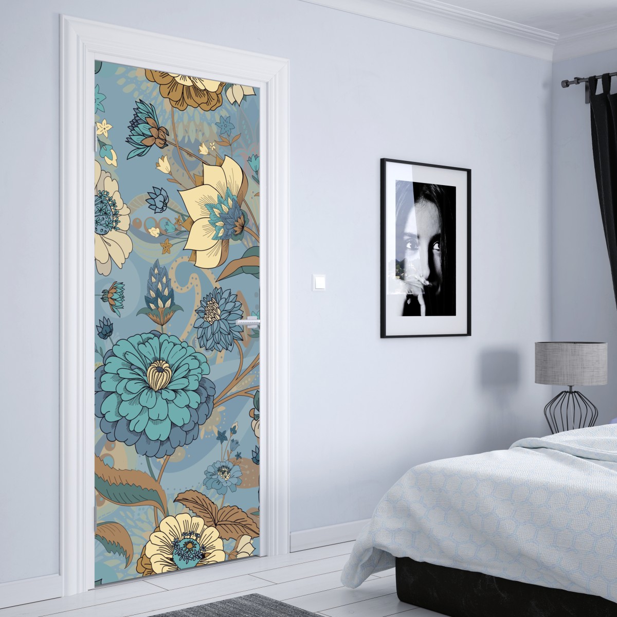 Naklejka na drzwi wzór kwiatowy w stonowanych niebiesko-beżowych odcieniach – Wallissimo® Naklejka na drzwi wzór kwiatowy w stonowanych niebiesko-beżowych odcieniach – Wallissimo®