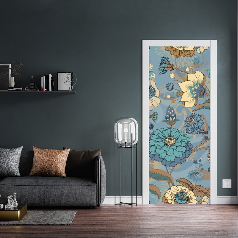 Naklejka na drzwi wzór kwiatowy w stonowanych niebiesko-beżowych odcieniach – Wallissimo® Naklejka na drzwi wzór kwiatowy w stonowanych niebiesko-beżowych odcieniach – Wallissimo®