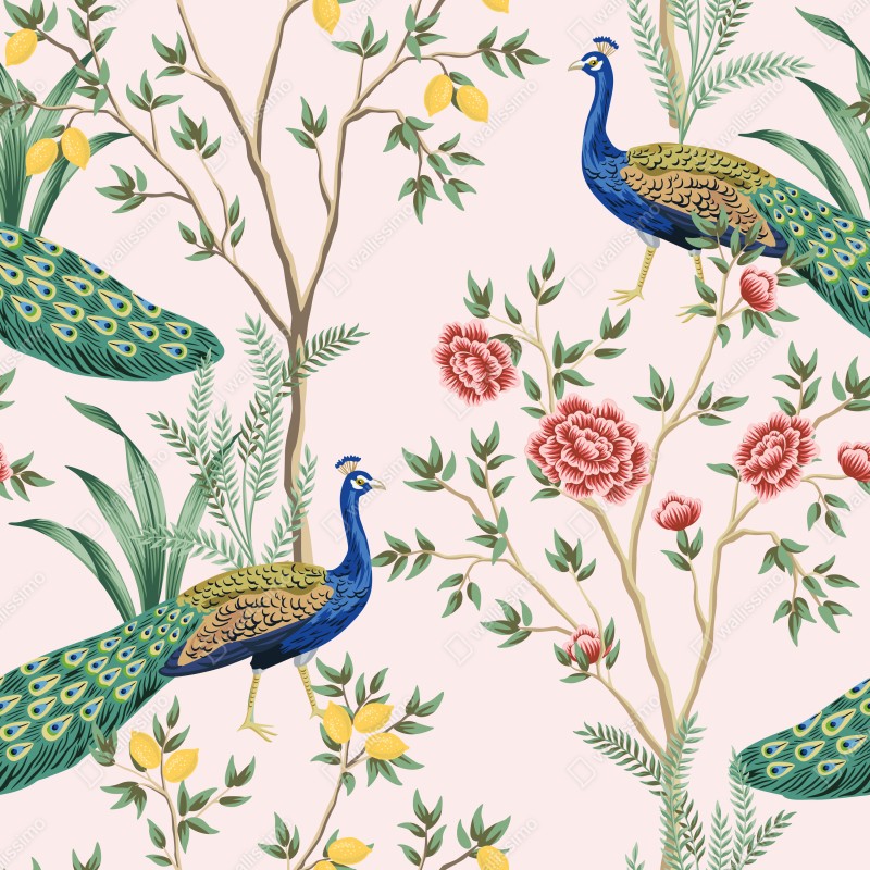 Naklejka na drzwi elegancki wzór z pawiem i kwiatami na różowym tle – Wallissimo® Naklejka na drzwi elegancki wzór z pawiem i kwiatami na różowym tle – Wallissimo®