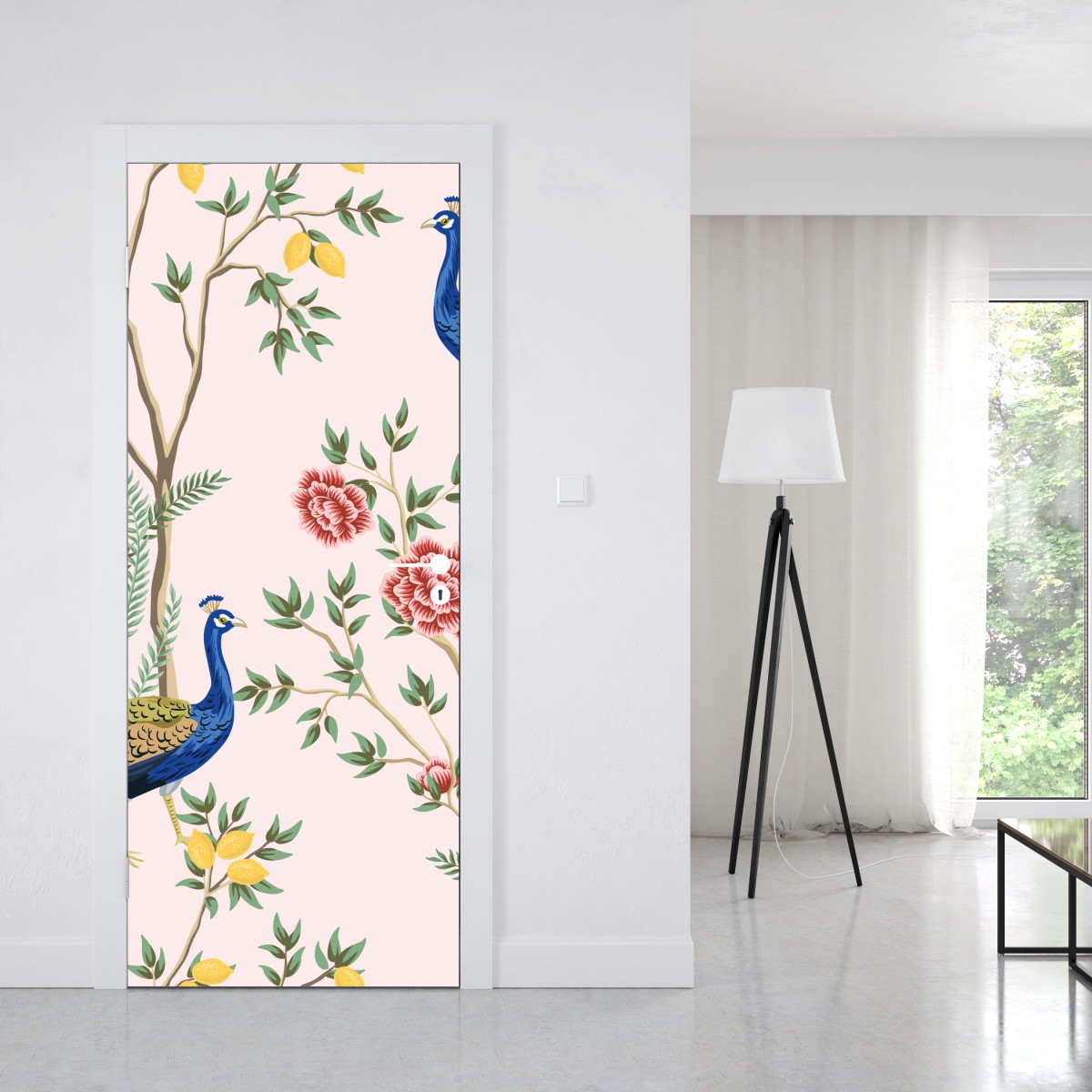 Naklejka na drzwi elegancki wzór z pawiem i kwiatami na różowym tle – Wallissimo® Naklejka na drzwi elegancki wzór z pawiem i kwiatami na różowym tle – Wallissimo®