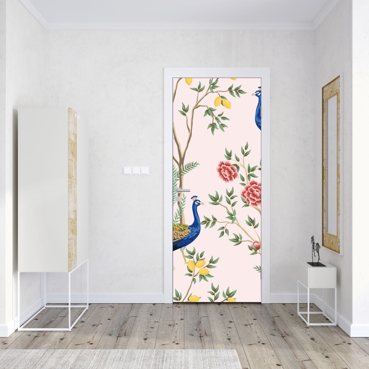 Naklejka na drzwi elegancki wzór z pawiem i kwiatami na różowym tle – Wallissimo® Naklejka na drzwi elegancki wzór z pawiem i kwiatami na różowym tle – Wallissimo®
