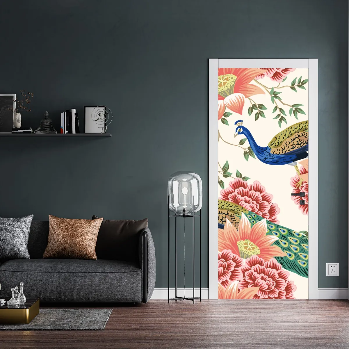 Naklejka na drzwi elegancki wzór z pawiem i kwiatami – Wallissimo® Naklejka na drzwi elegancki wzór z pawiem i kwiatami – Wallissimo®