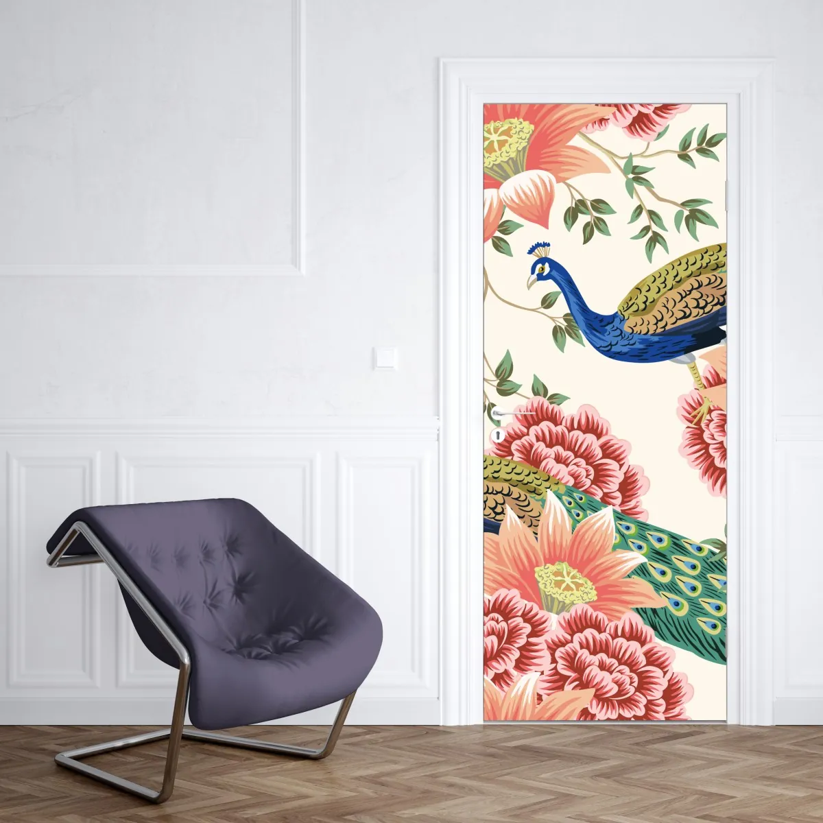 Naklejka na drzwi elegancki wzór z pawiem i kwiatami – Wallissimo® Naklejka na drzwi elegancki wzór z pawiem i kwiatami – Wallissimo®